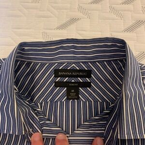 Banana Republic Men's Navy and White Striped Shirt